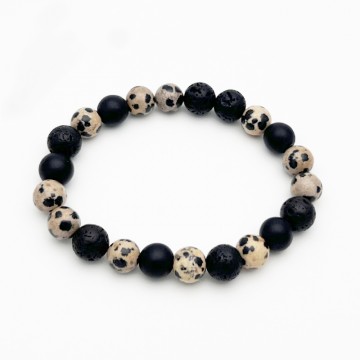 Bracelet élastique perles pierre de lave et jaspe dalmatien