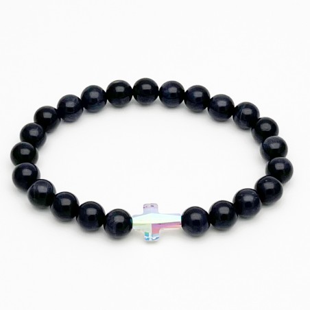 Bracelet élastique perles œil de faucon 10mm avec la croix Swarovski